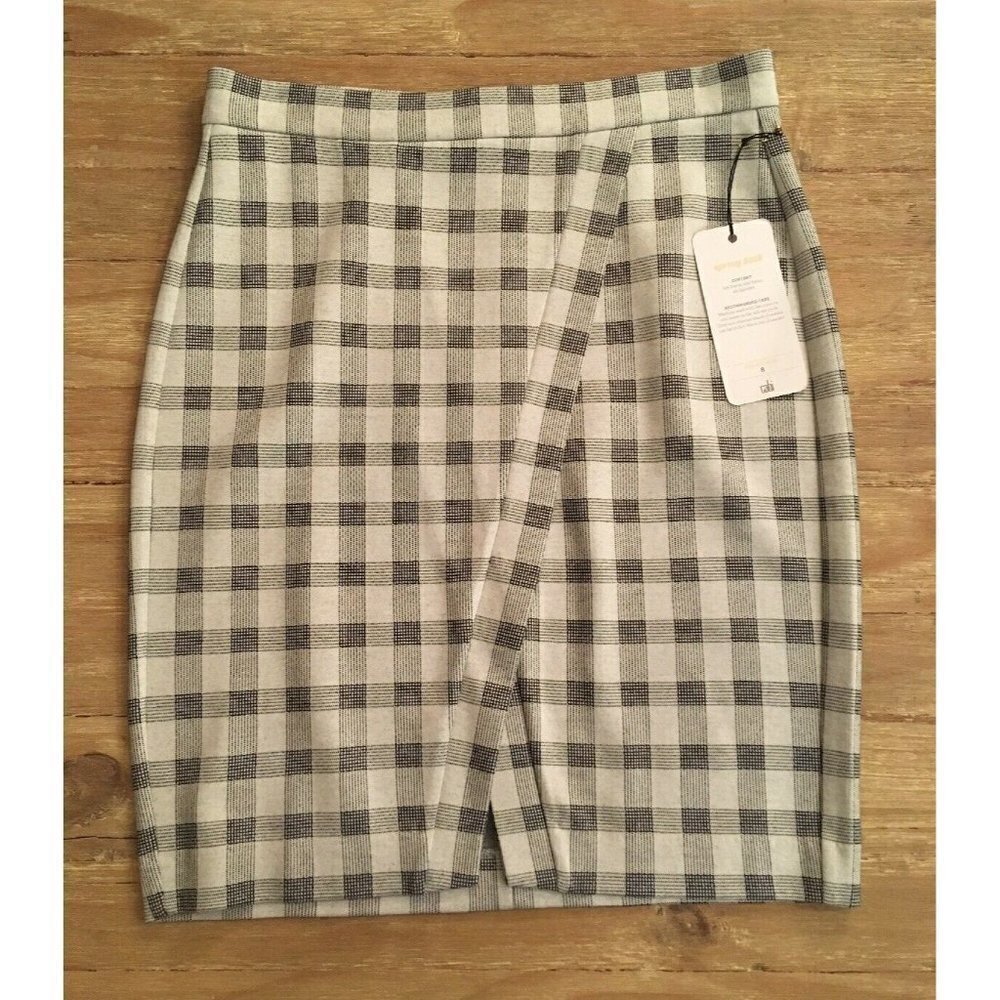 CAbi $89 Valentina  Modern Plaid Ponte Knit Pencil Skirt Gray Black - Size 8 NEW